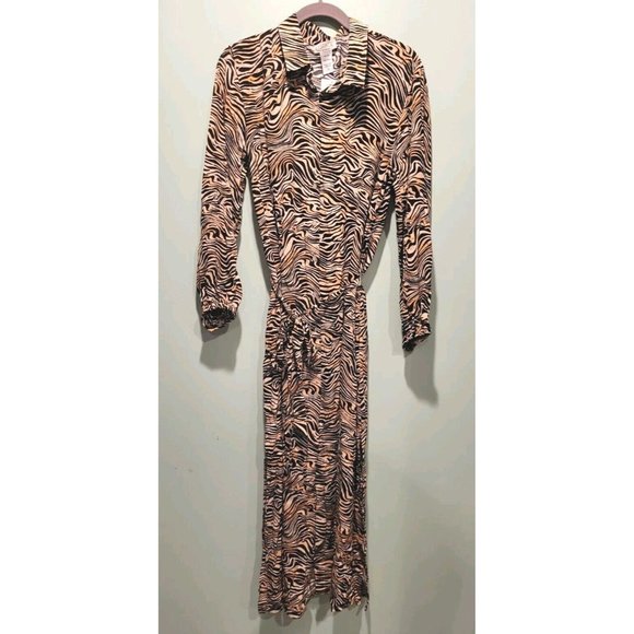 New L Space Avalon Button Up Maxi Dress Belted Long Sleeve Tiger Stripe Sz L - Picture 2 of 8